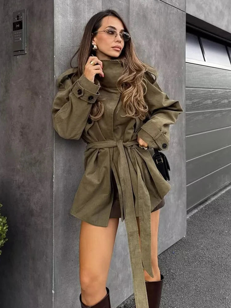 Women's Jacket Long Sleeve Button With Belt Jackets for Women 2025 High Street Short Coats Lady Autumn Winter New Outerwears