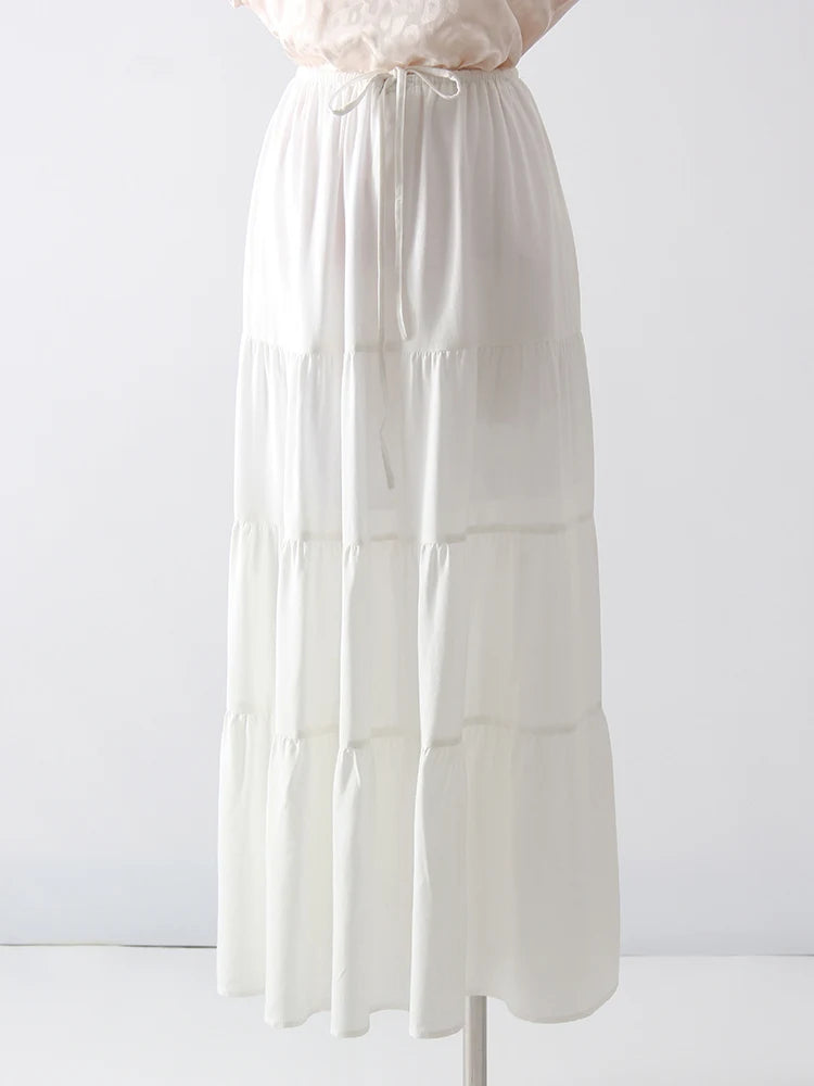 Brown Long Skirt Women Summer Cotton Ruffle Floral Skirt Woman Luxury Green Tie Up Loose White Women Long Skirts High Waisted