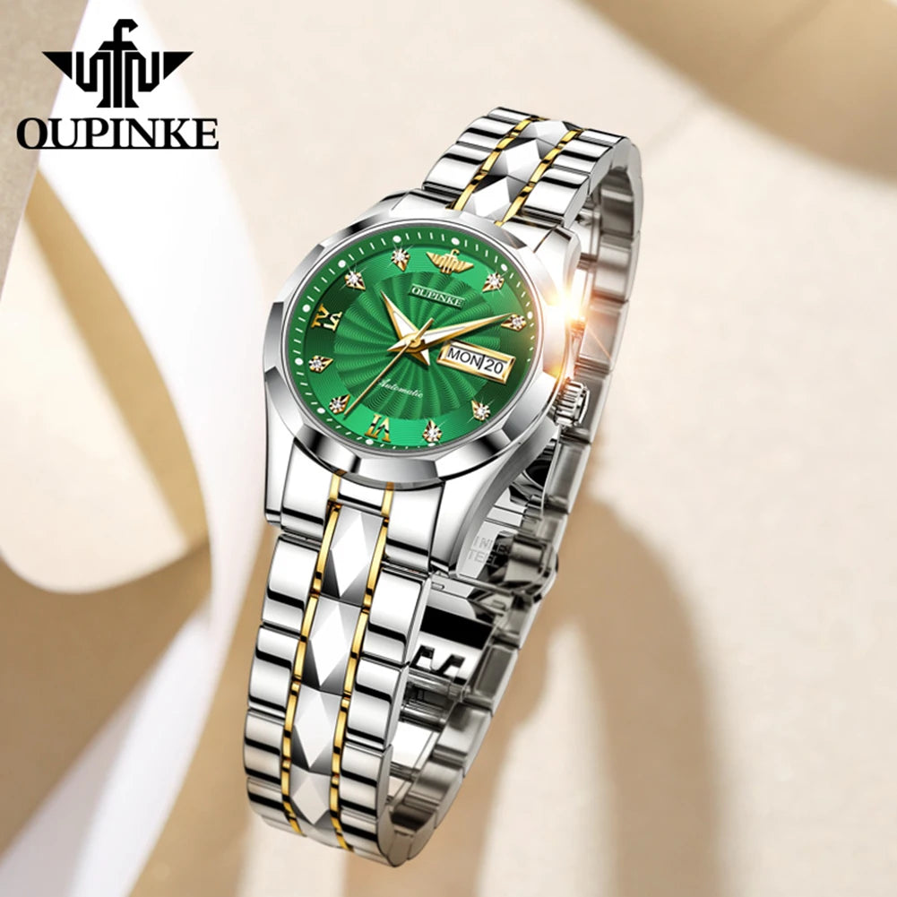 OUPINKE 3169 Women's Mechanical Watch Set Diamond Scale Whirlwind Dial Japan Movement Automatic Wristwatch Elegant Ladies Watch