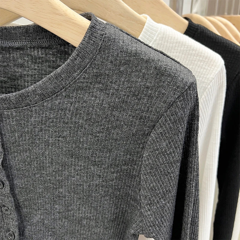 Autumn Women T Shirt Vintage Slim Fit Versatile T-Shirt Women Casual Solid Button O-Neck Long Sleeve Tees Femme Ribbed Y2k Top