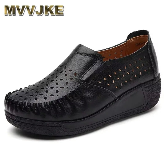 2025 Platform Flat Shoes for Women Slip on Hollow Out Genuine Cow Leather Swing Shoes Shallow Ladies Casual Footwear
