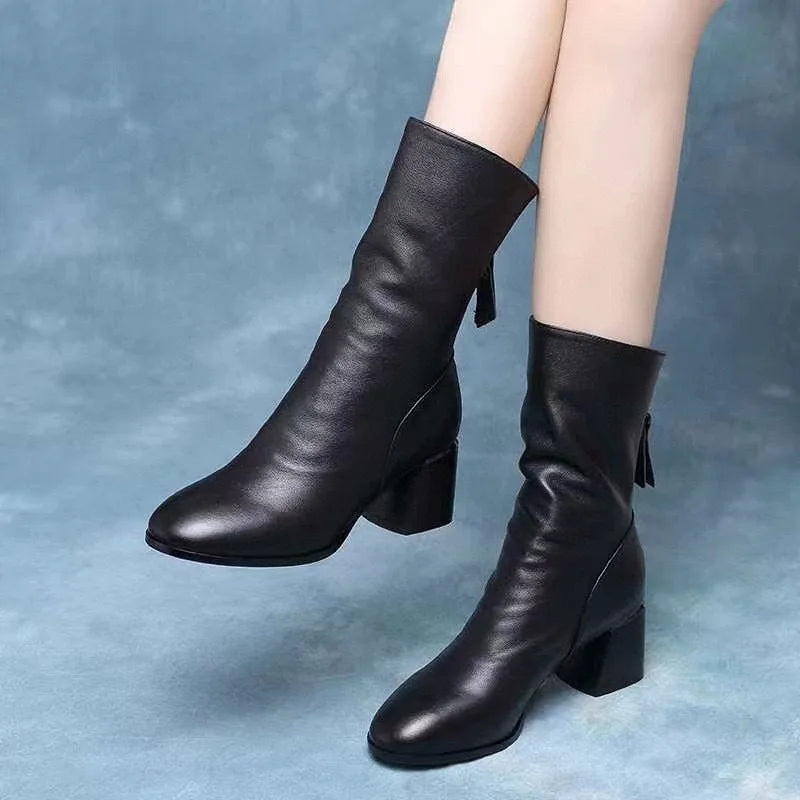 Leather boots for women 2023 autumn and winter round head mid-leg thick heel boots European and American style after zipper fash