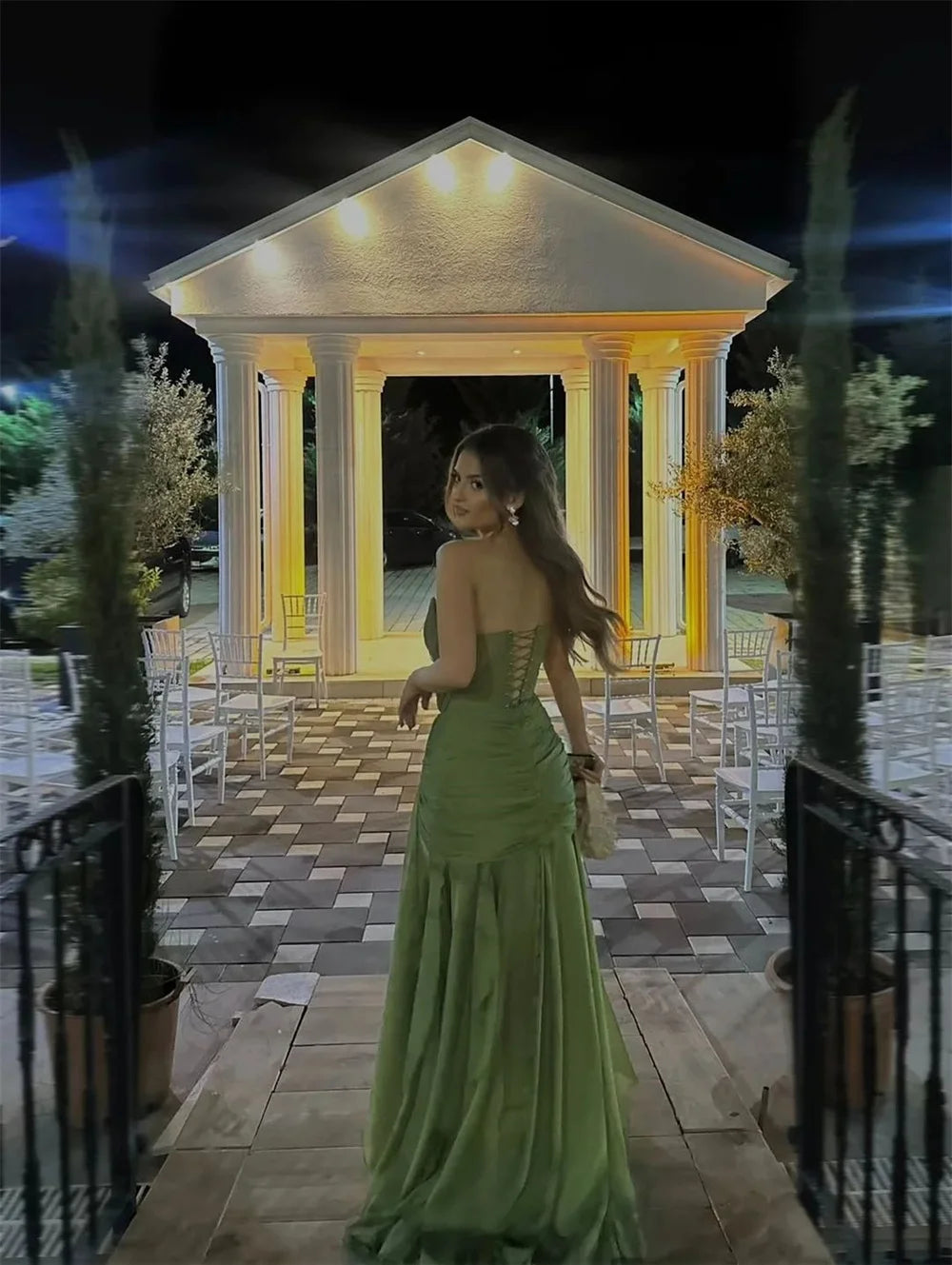 Cathy Customize Olive Green Pleated Chiffon Prom Dress V Neck Lace-up vestidos de noiva Floor-length Sheath Evening Dresses 2025