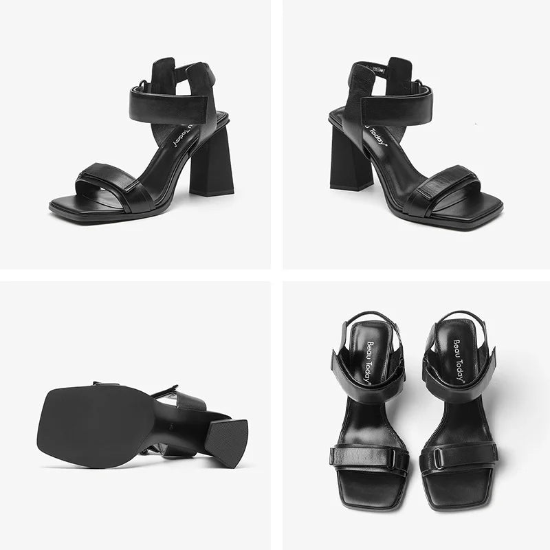 BEAUTODAY High Heel Sandals Women Cow Leather Hook Loop Design Square Toe Elegant Ladies Party Wedding Shoes Handmade 31274