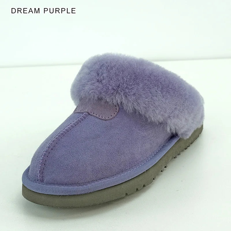 INOE Women Real Sheepskin Suede Leather Natural Wool Sheep Fur Lined Winter Slippers Cazy Loafer Home Shoes Baboon in House Flat