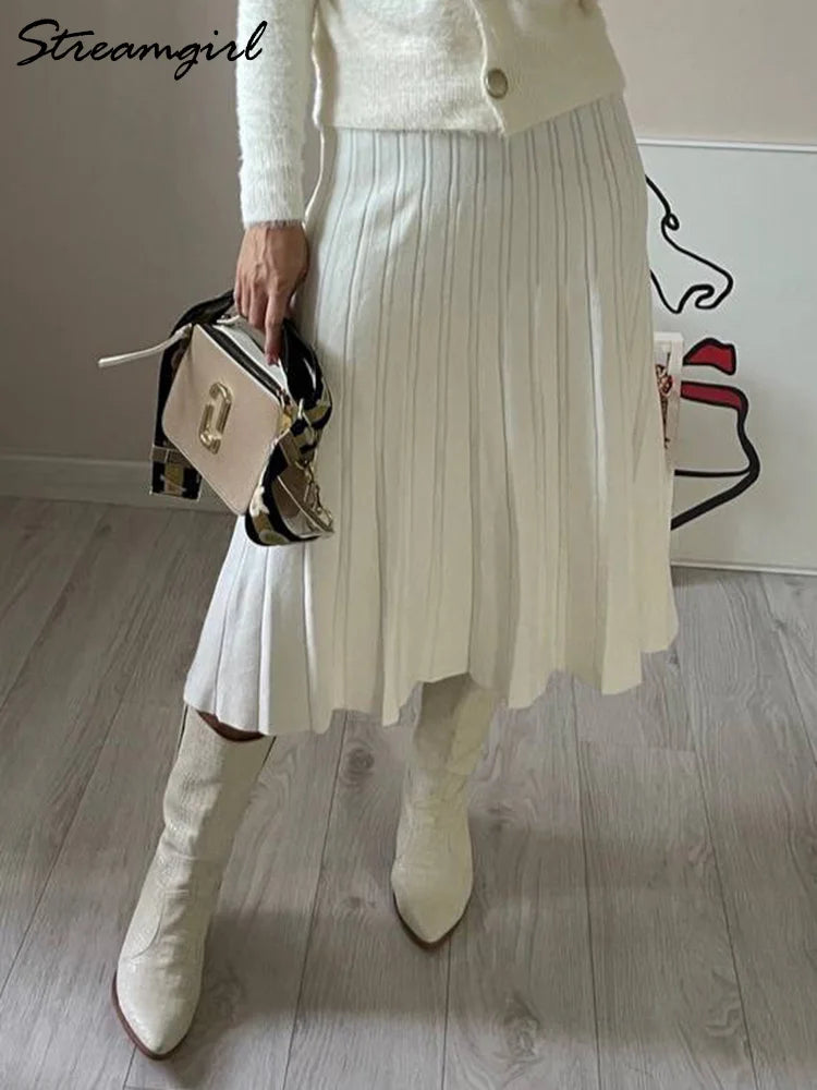 Women Pleated Knit Skirt Long Autumn Winter Elastic Waist White Maxi Skirts For Women Solid Gray Women's Knitted Long Skirt