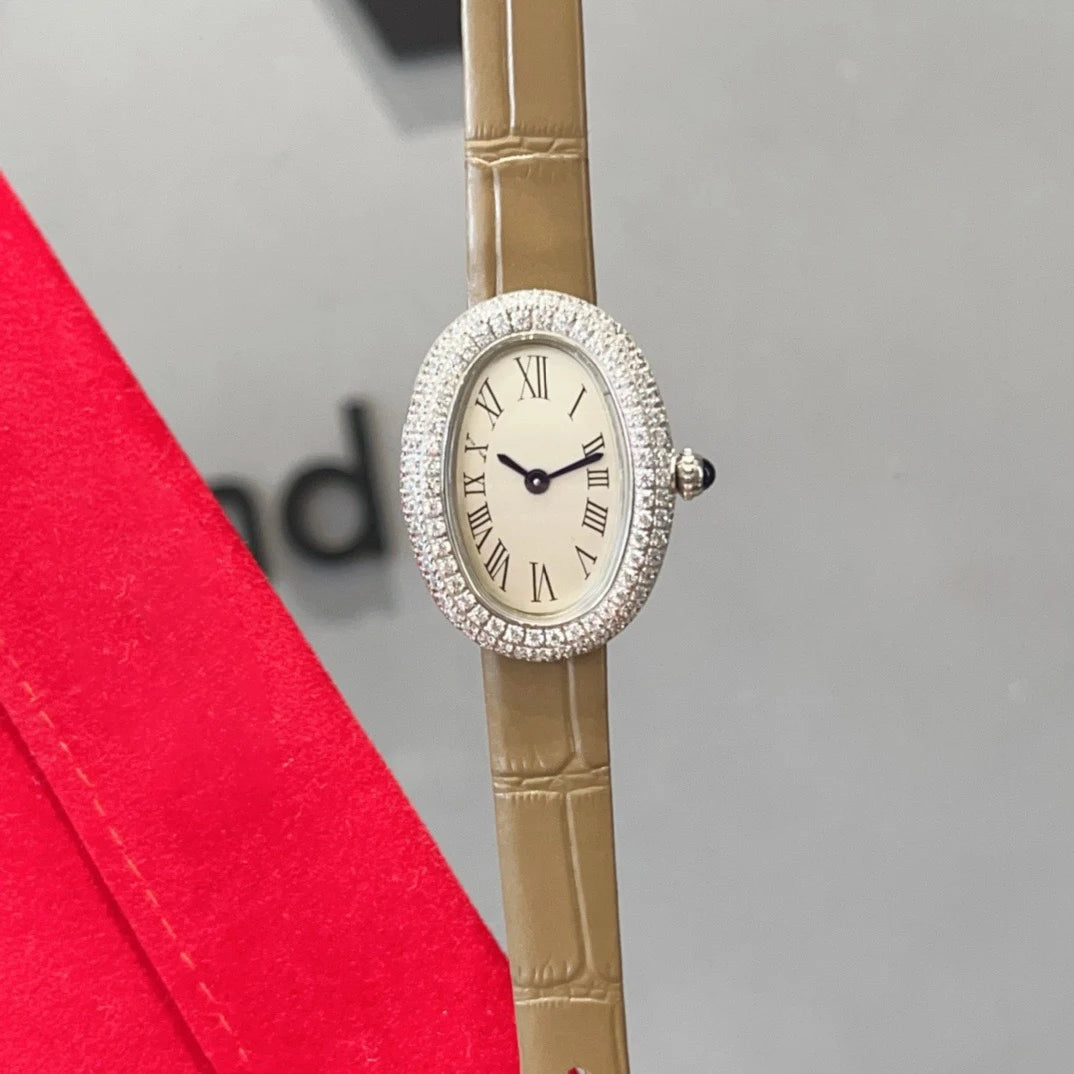 Brand Wrist Watches Woman Girl High Quality 23mm Diamond Oval Style Japanese Quartz Movement Leather Strap Clock CT80