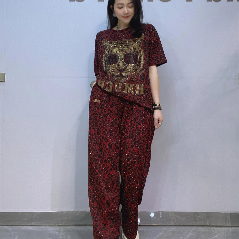 Two Piece Sets Womens Outfits Vintage Style Leopard PrintedCartoon Diamonds Summer Short Sleeve Pant Sets Women Casual Knitwear