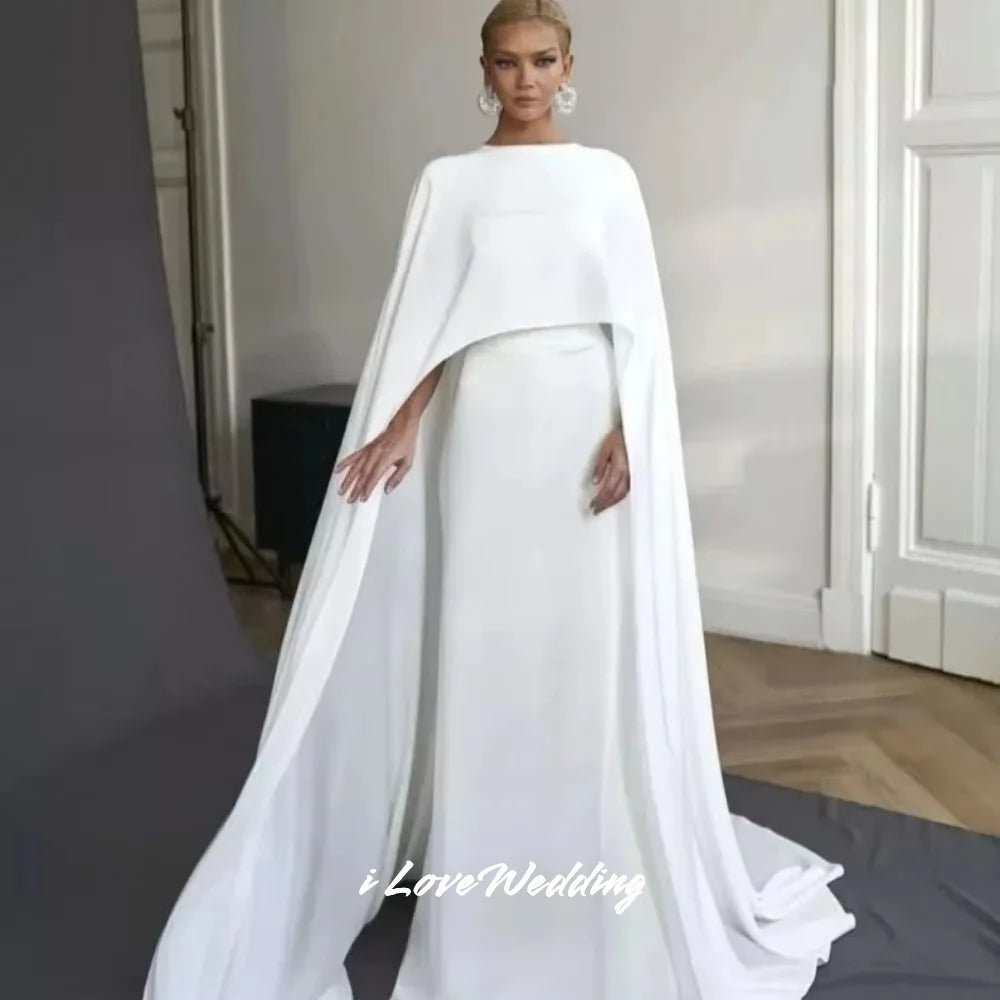 White O-Neck Wedding Dresses 2025 Shawl Mermaid Saudi Arabia Sweep Train Floor-Length Pleated Wedding Party Dresses Customized