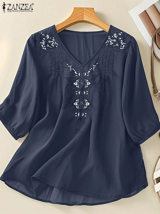 ZANZEA Women Vintage Floral Embroidery Blouses Summer Casual V-Neck Half Puff Sleeve Pintuck Blusas Mujer Day Wear Tunic Tops