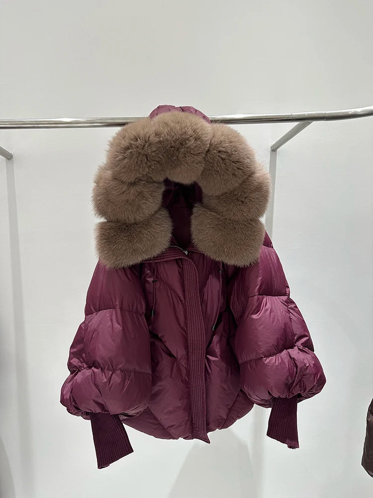 Winter Natural Large Fur Collar Hooded Down Jacket Women White Duck Down Solid Outwear Female Warm Quilted Lantern Sleeve Jacket