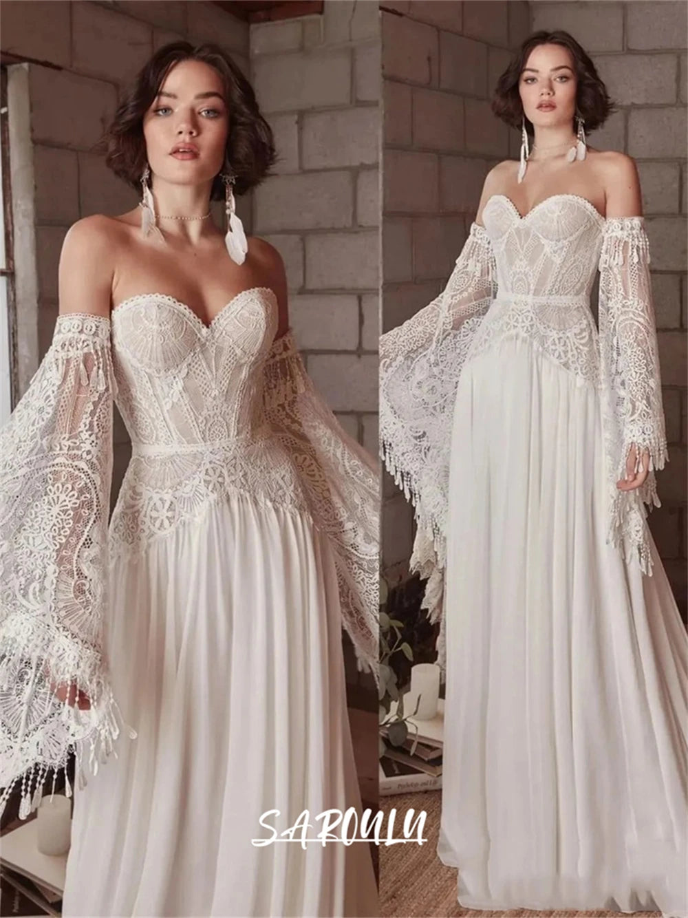 Bohemian Bride Dress with Long Sleeves, Unique Lace Beach Wedding Dresses for Women, Boho Chiffon Bridal Gown Custom Make