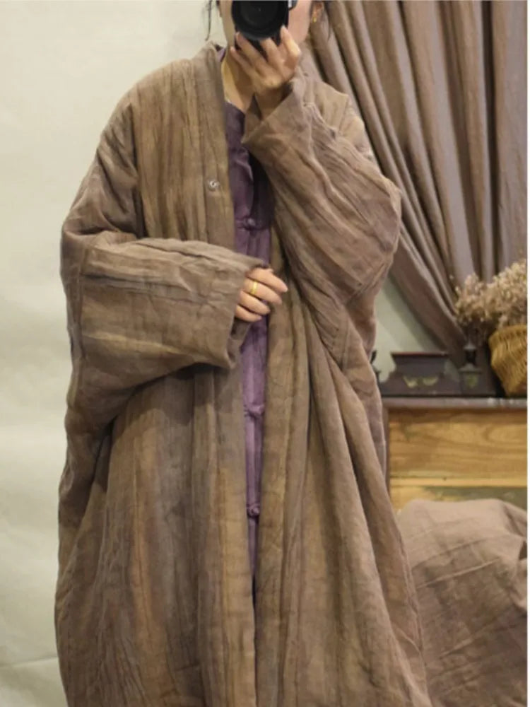 Women Loose Linen Padded Long Coat Parkas Ladies Vintage Flax Coat Female 2023 Winter Coat Tops