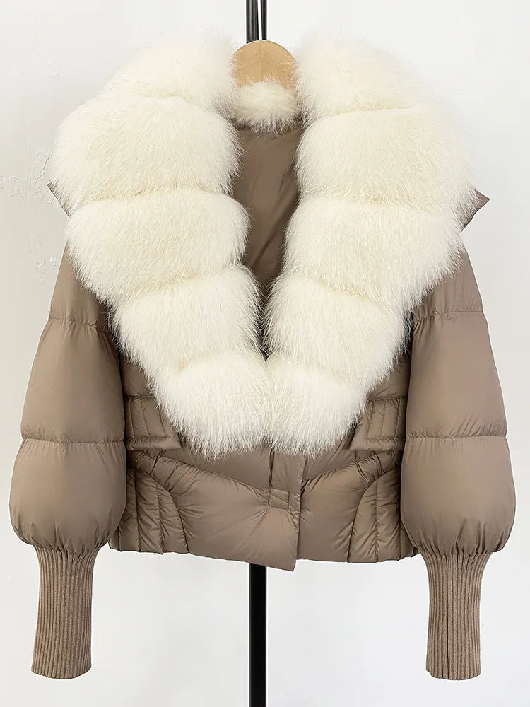 ZMEENNA Women's Black Puffer Down Jacket With Large Real Fur Collar Short Warm Winter Coat Knit Cuffs Elegant Outerwear ZM3377