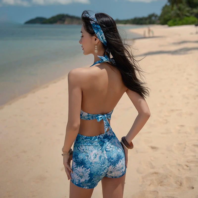 Swimsuit 4 Pieces Bikini Sets Women Swimwear Printed Underwired Mesh Long Sleeve Cover Up High Waist Shorts Headband 2023 New