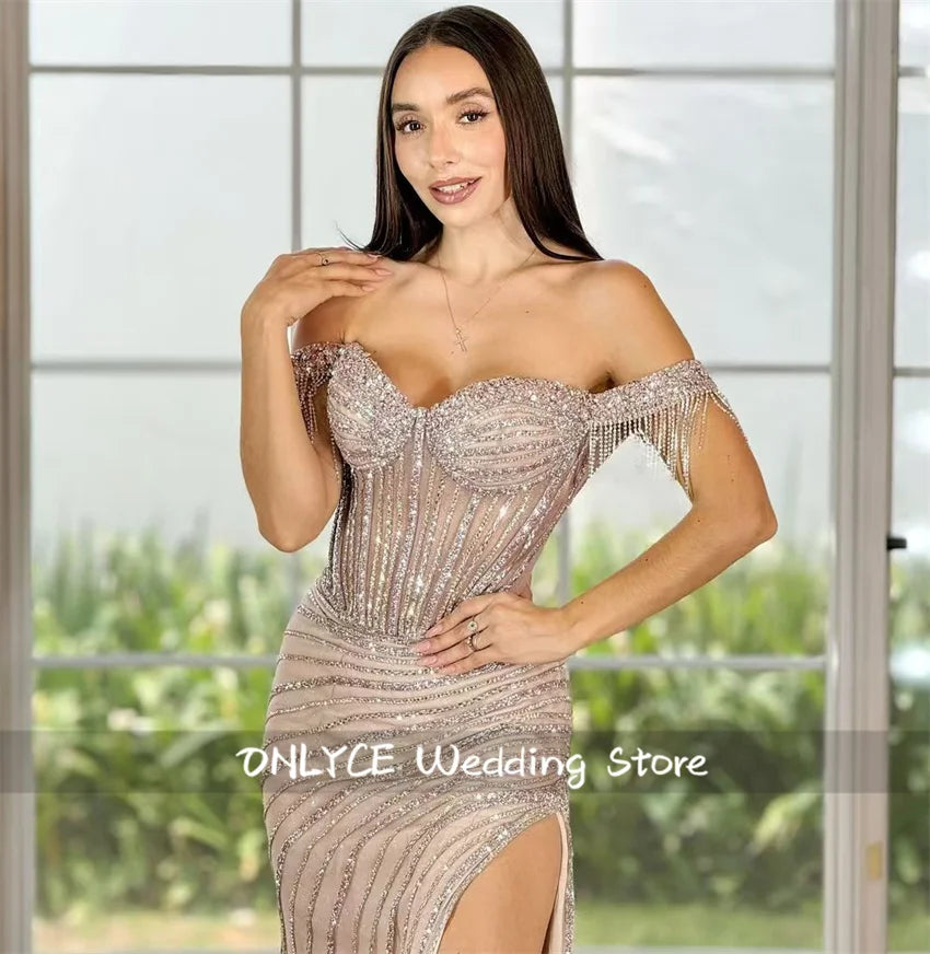 Charming Black Sequins Evening Dress Side Split Crystals Rhinestones Beads Tassels Prom Dress 2024 Wedding Party Customized