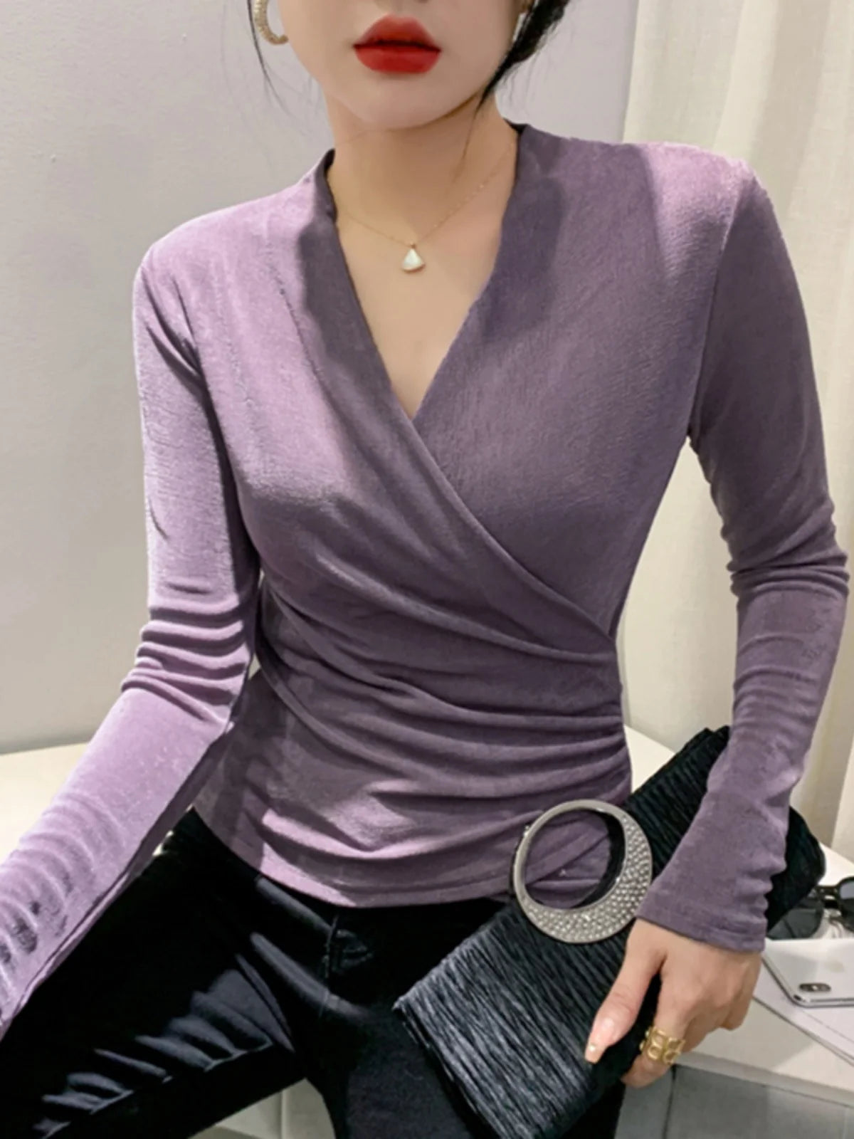 Autumn Spring Crossed V Neck Folds T Shirts Lady Long Sleeve High Stretch Tops Elegant Soft Tee Shirt  For Woman HF8705