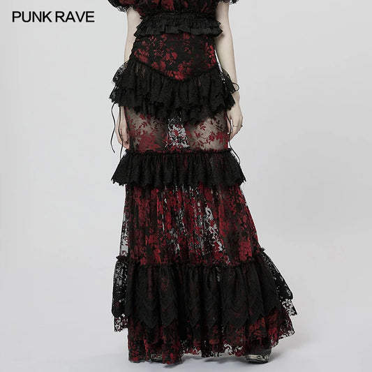 PUNK RAVE Women's Gothic Perspective Gorgeous Lace Skirt Side Velvet Drawcord Design Fashion Personality Long Skirts Women