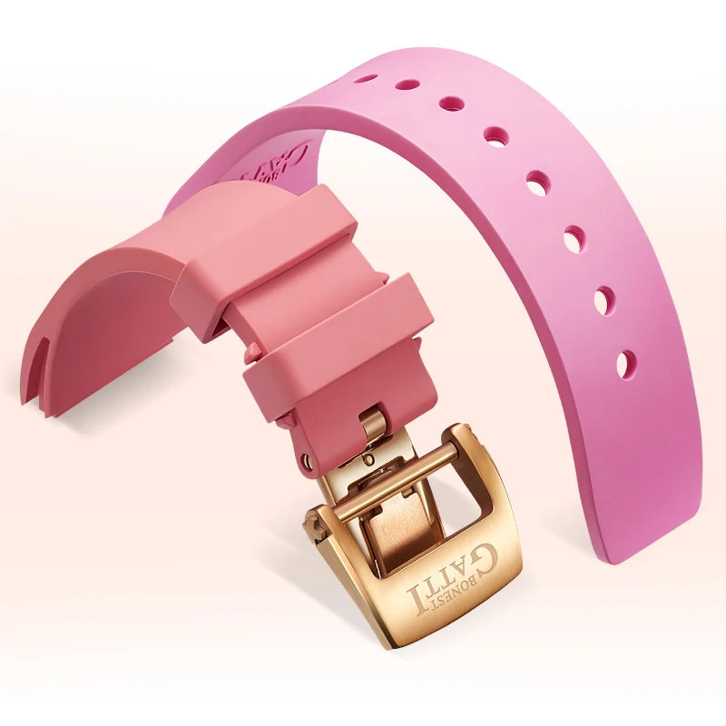 BONEST GATTI Automatic Watch Luxury Lady Watches Tonneau Mechanical Wristwatch Rubber Strap Butterfly Clasp Watches For Women