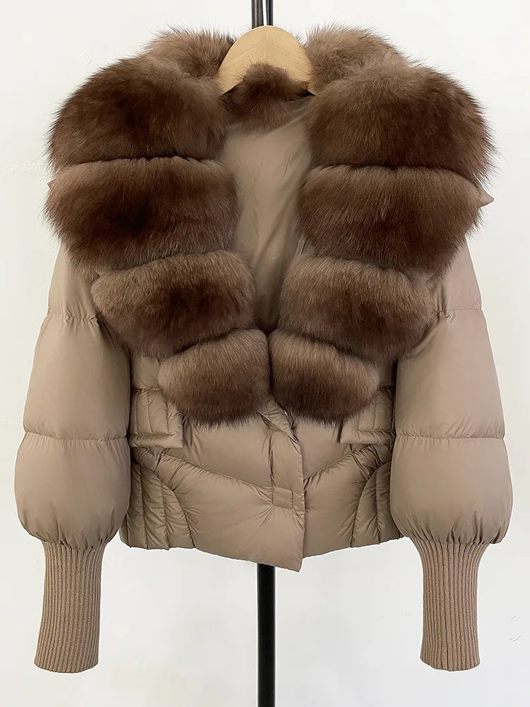 ZMEENNA Women's Black Puffer Down Jacket With Large Real Fur Collar Short Warm Winter Coat Knit Cuffs Elegant Outerwear ZM3377