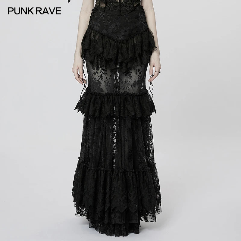 PUNK RAVE Women's Gothic Perspective Gorgeous Lace Skirt Side Velvet Drawcord Design Fashion Personality Long Skirts Women