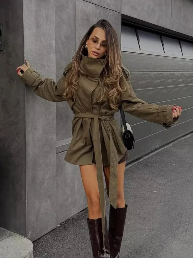 Women's Jacket Long Sleeve Button With Belt Jackets for Women 2025 High Street Short Coats Lady Autumn Winter New Outerwears