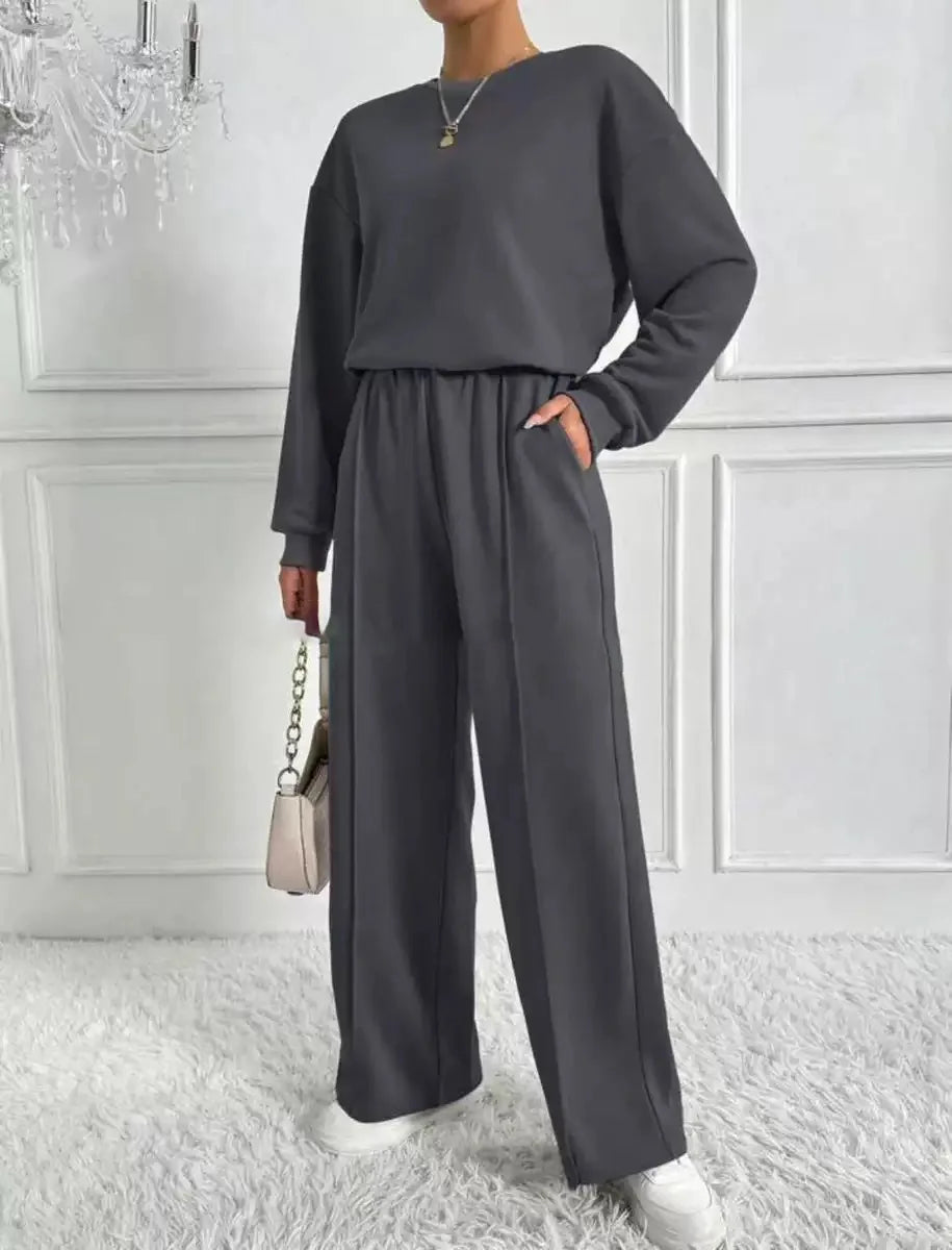 Two-piece Set For Woman Casual O-neck Long Sleeves Sweatshirt Wide-leg Pants Suits Autumn Winter Ladies Fashion Office Outfit