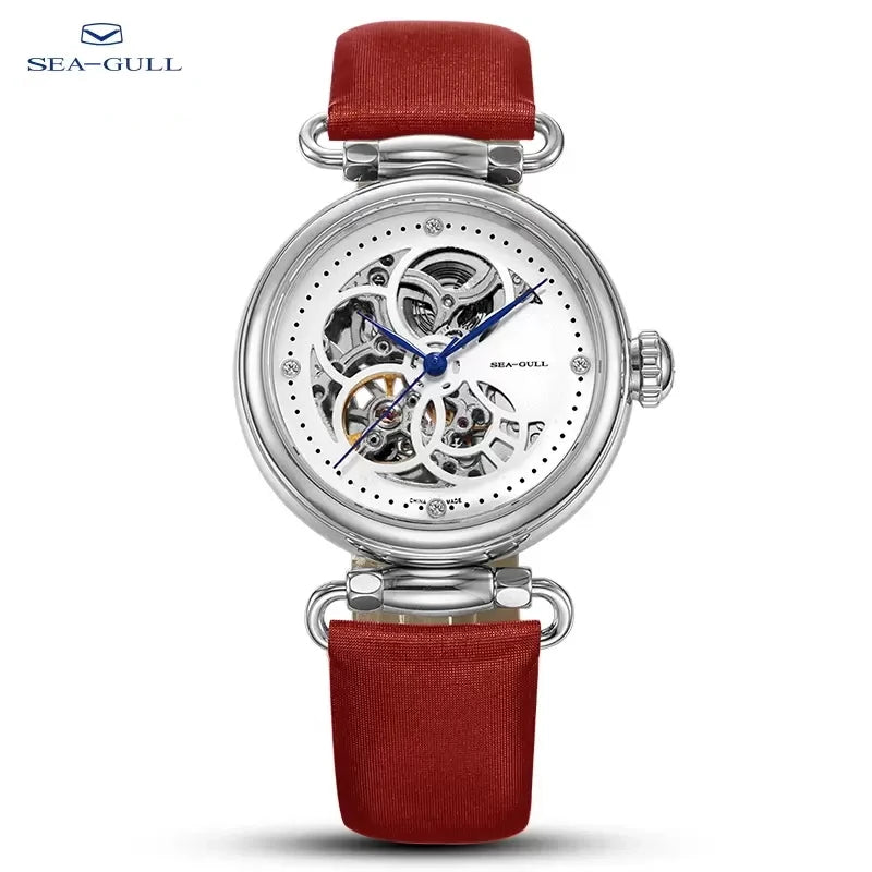 Seagull Fashion Women's Watch Leather Strap Waterproof Skeleton Automatic Mechanical For Ladies Watch Necklace Set 6002L Series
