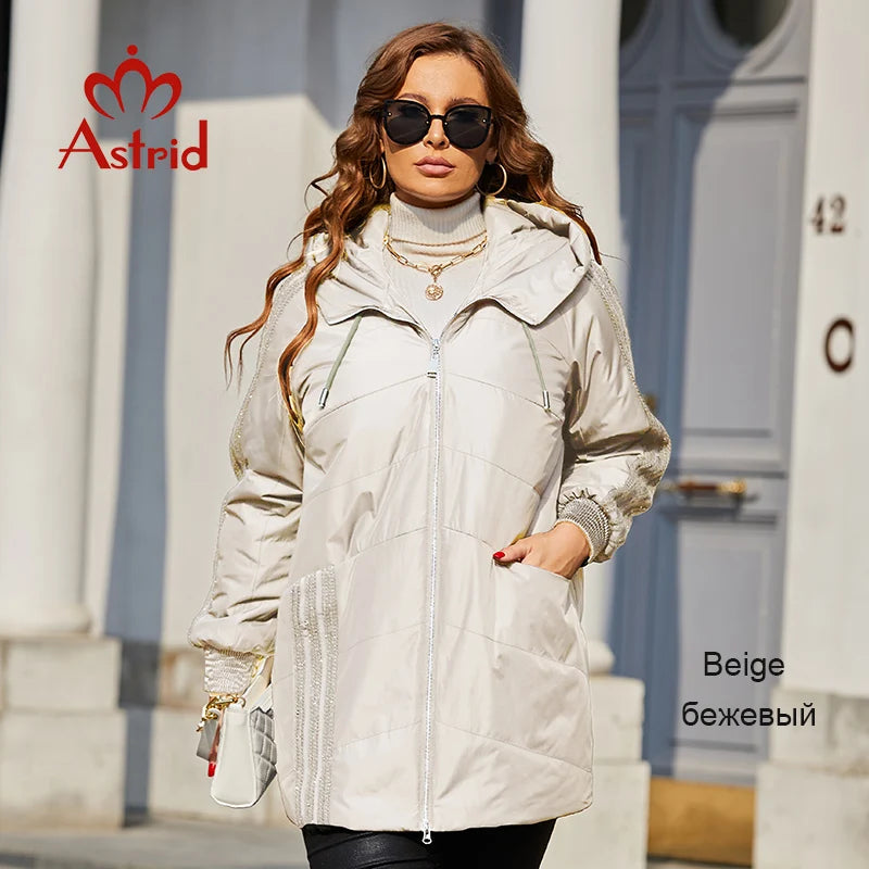 Astrid 2022 Spring Women's Parkas Oversize Padded Coats Hooded Fashion Wool Textile Stitching Jacket Outerwear Quilted AM-10122