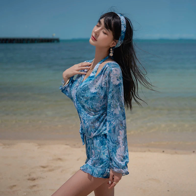 Swimsuit 4 Pieces Bikini Sets Women Swimwear Printed Underwired Mesh Long Sleeve Cover Up High Waist Shorts Headband 2023 New