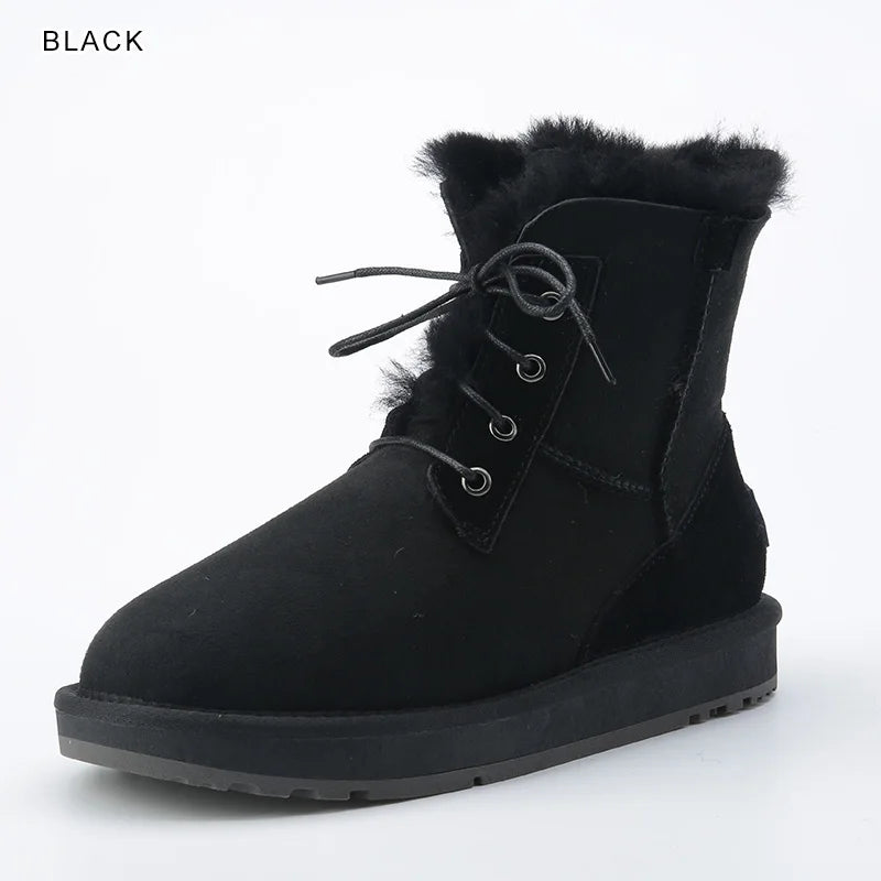 INOE Women Fashion Casual Short Winter Snow Boots Sheepskin Suede Leather Shearling Sheep Fur Wool Lining Warm Shoes Waterproof