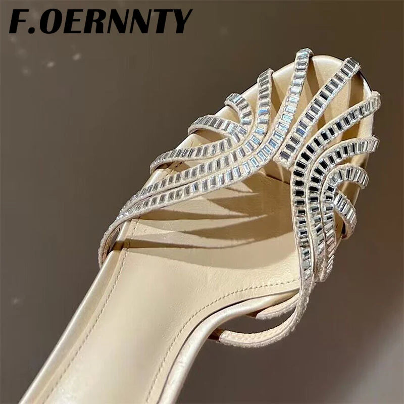 Summer New Rhinestone Closed Toe Runway Sandals Women Weave Hollow Stiletto Sandals Sexy Ankle Strap Crystal Sandals Women