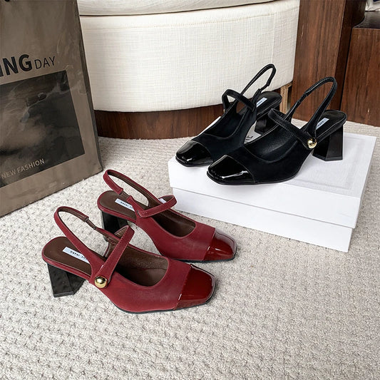 Summer Genuine Leather Toe Block Heel Mary Jane Shoes Women's High Heels Fashion Women's Shoes Comfortable and Elegant Sandals