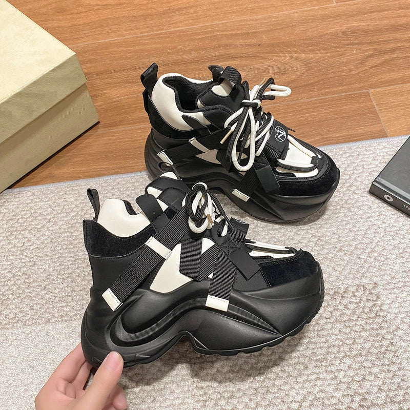 2023 Autumn Winter Chunky Sneakers Women Lace Up Platform Sports Shoes Woman Goth Thick Bottom High Heels Female Wedges Sneakers