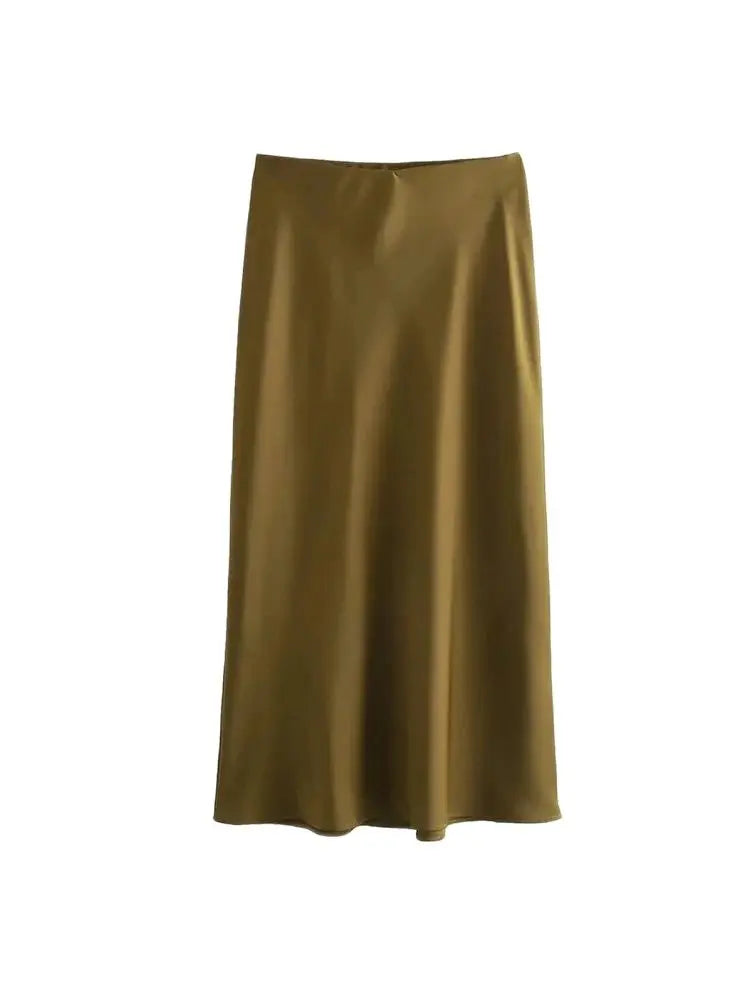 Women's Soft Touch Silk-Like Midi Skirt High Waist Elastic Waistband Chic Fashion Female Skirts Elegant Mujer