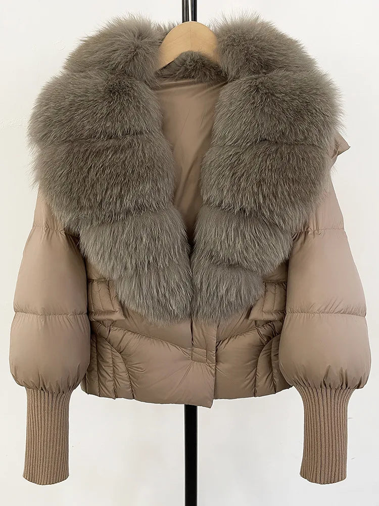 ZMEENNA Women's Black Puffer Down Jacket With Large Real Fur Collar Short Warm Winter Coat Knit Cuffs Elegant Outerwear ZM3377