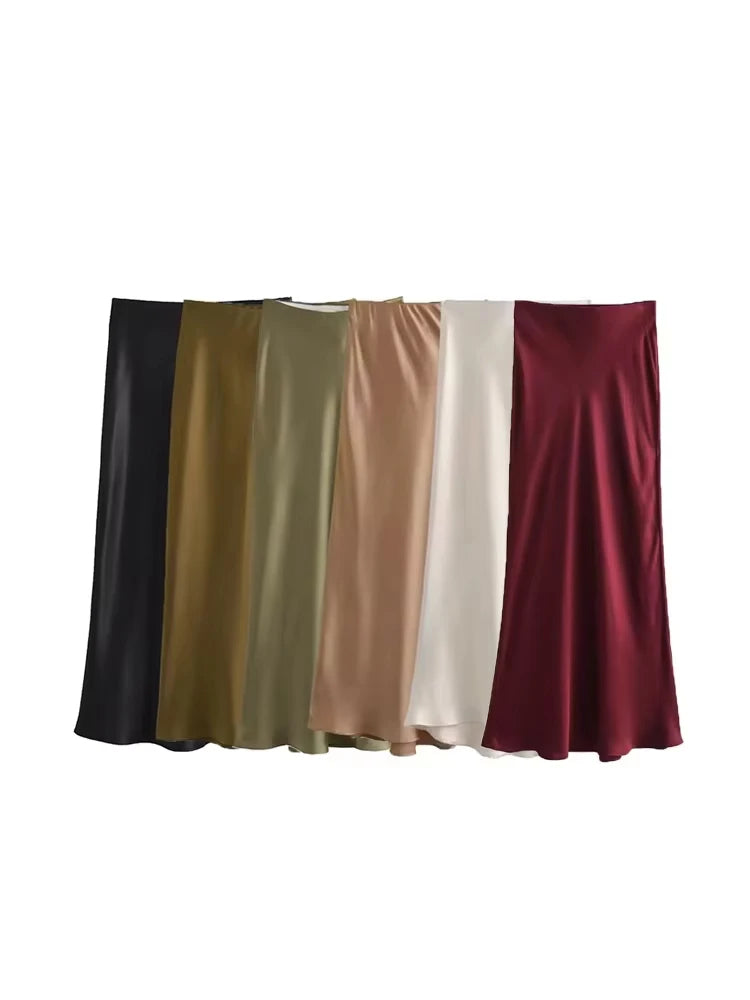 Women's Soft Touch Silk-Like Midi Skirt High Waist Elastic Waistband Chic Fashion Female Skirts Elegant Mujer