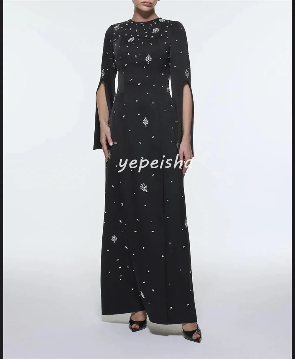 Customized Modern Style Retro Charmeuse Sequined Rhinestone Draped Straight O-Neck Long Dresses Bespoke Occasion Dresses Fashion