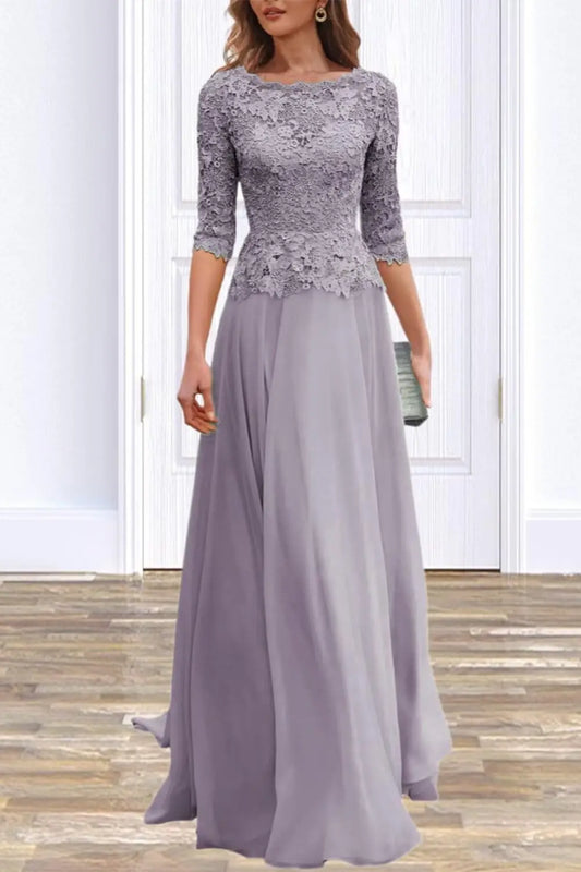 Customized Women's Lace Appliques Mother Of The Bride Dress For Wedding Boat Neck Chiffon Half Sleeves Formal Wedding Guest Gown