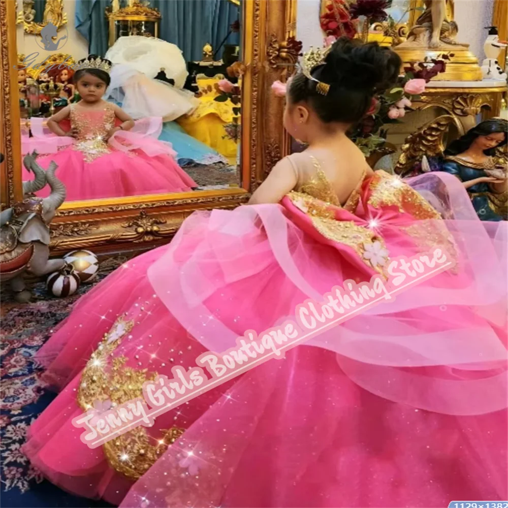 Rose Pink Girl Party Long Dresses Gold Appliqued Wedding 2025 Customized Birthday Pageant Feast Events Dress