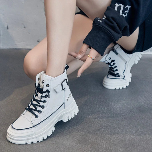 100% Genuine Leather Winter Shoes Women Fashion Modern Boots Brand Ladies Ankle Boots Thick Sole Height Increasing 4cm D238