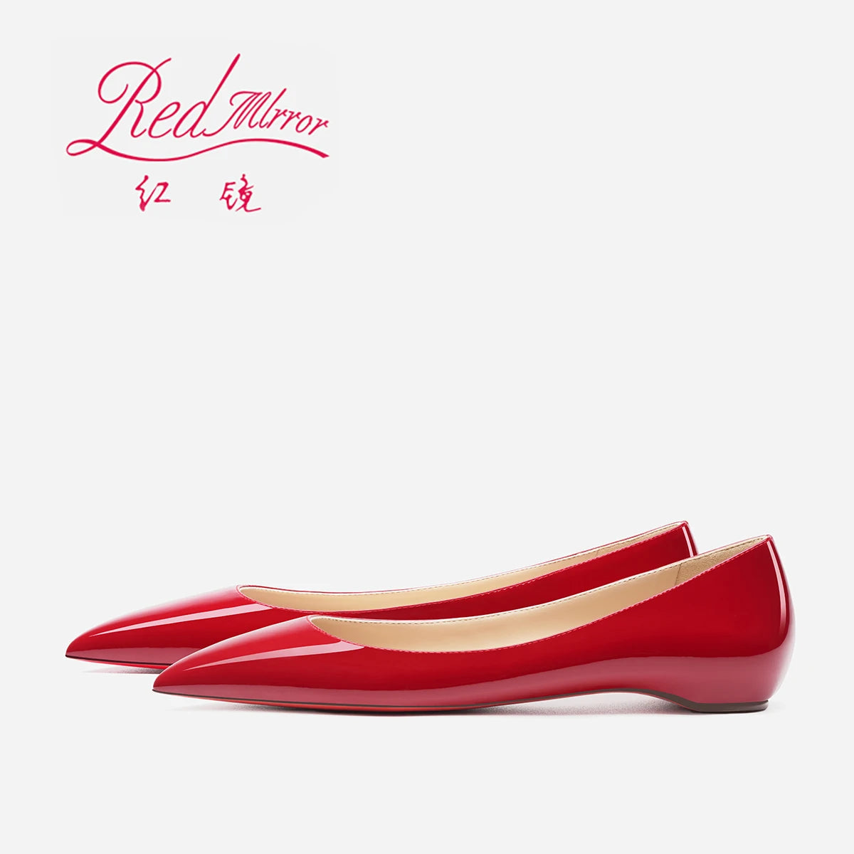 2025 New Style Pointed Bare Red Sole Flat Shoes Single Shoes Women's Lacquer Leather Inner Heightening Shallow Mouth Low Heels