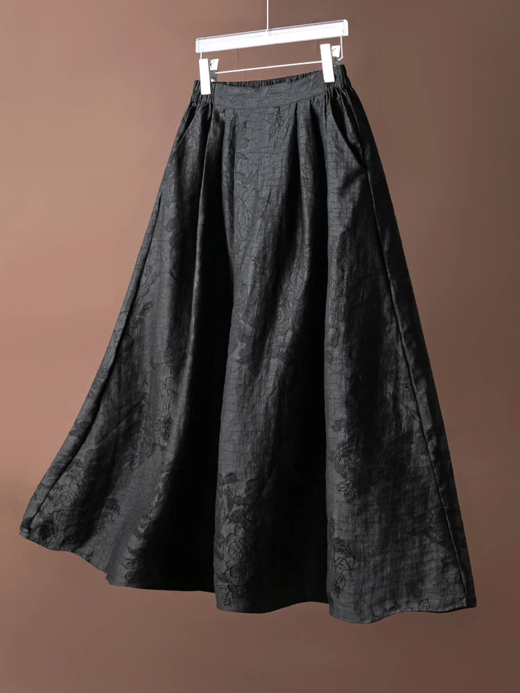 2025 Women's Fashion Summer New 100% Natural Mulberry Silk Turtle Crack Gambiered Guangdong Gauze Elastic Waist Black Skirt