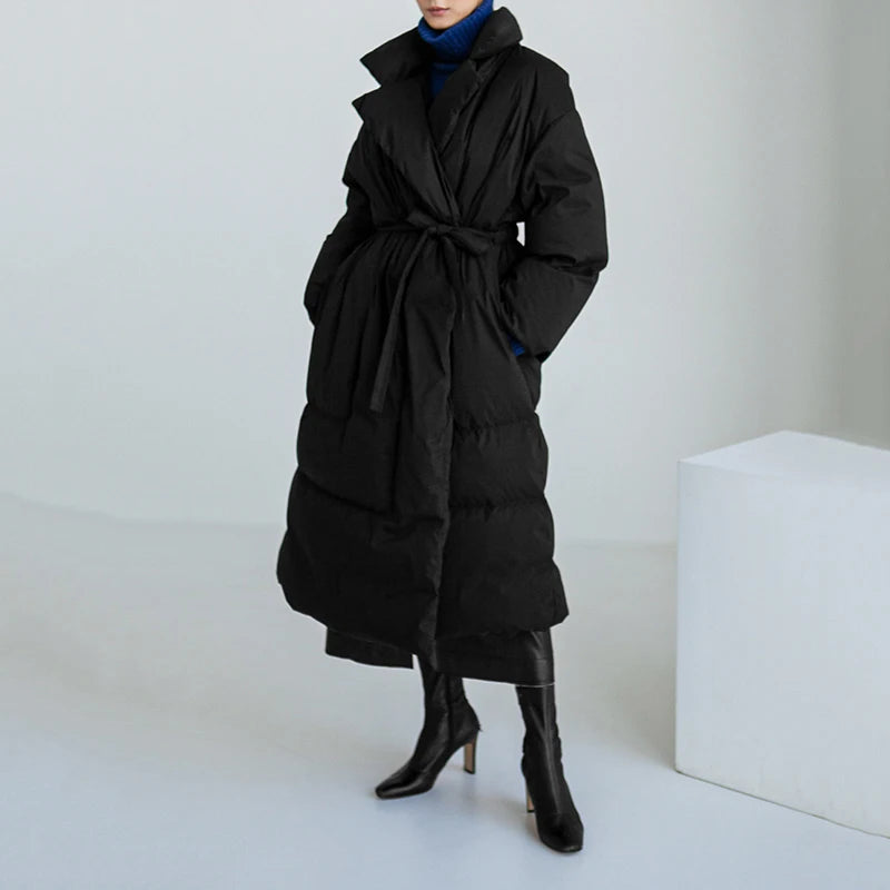 Winter New Stand Collar Long Down Jackets Loose Belt Long Sleeve Warm Coat Fashion Solid Cotton Padded Warm Down Overcoat Women