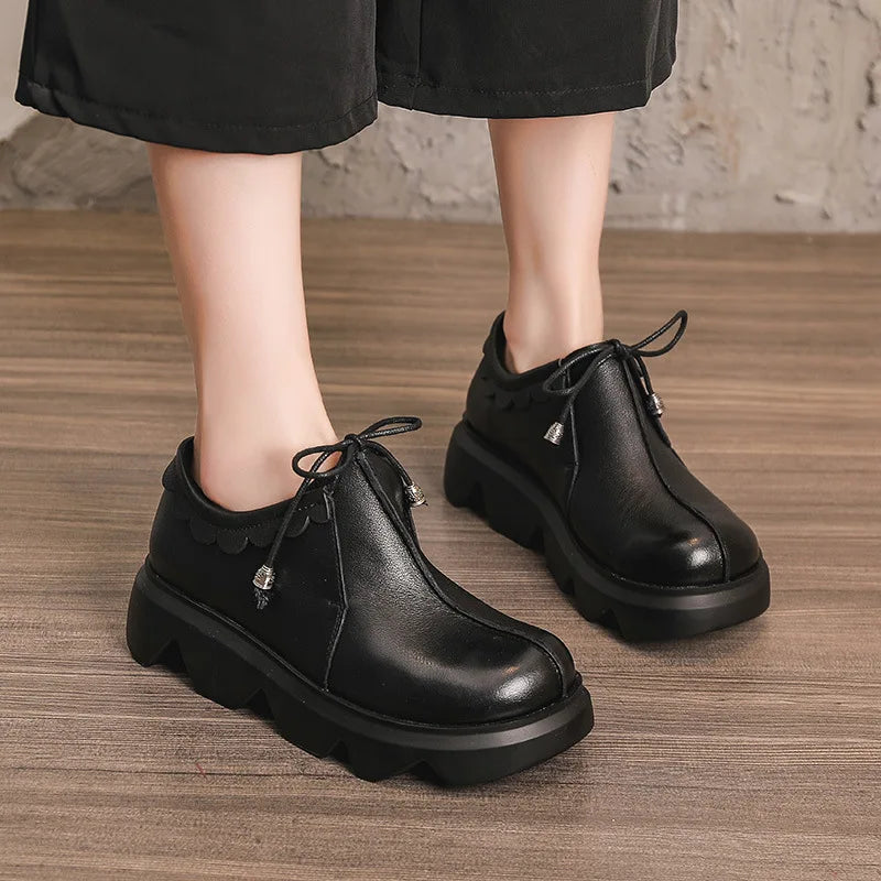 Round Head Leather Women's Shoes With Sloping Heel And Thick Soles