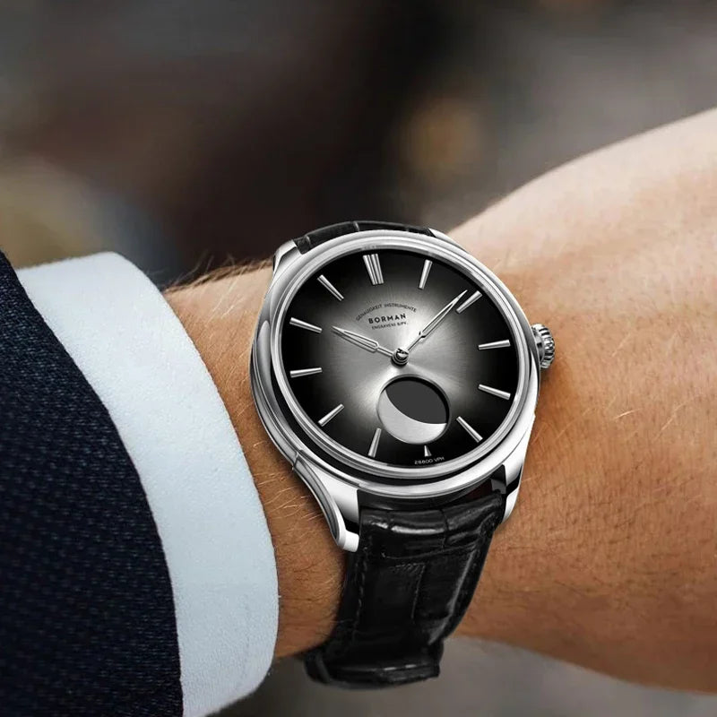 BORMAN Stainless Steel Men Mechanical Watch Power Reserve 80Hour Moon Phase Automatic Watch Sapphire Glass Waterproof 50M Watch