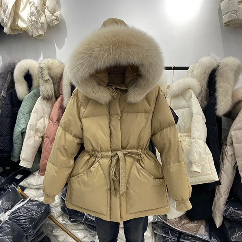 Winter Natural Fur Collar Women Down Jacket Light Warm Coat Female Jacket Women With Belt Loose Drawstring Hooded Parka Overcoat