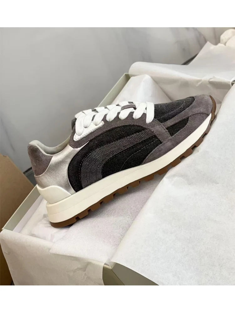 Women's Vulcanized Shoes Leather Beaded Casual Sneakers