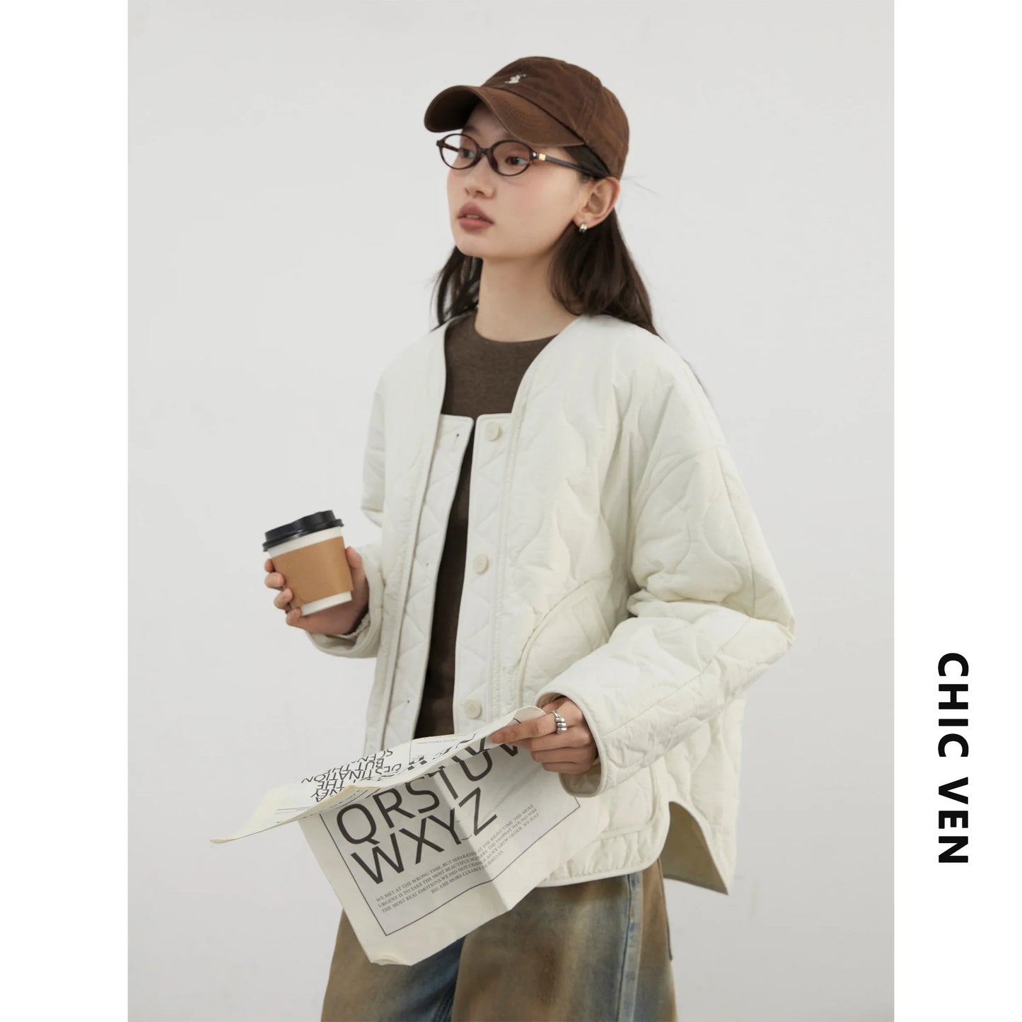 CHIC VEN Fashion Women Jackets Solid Single Breasted Loose Casual Parkas New Round Neck Female Quilted Coat Autumn Winter 2024