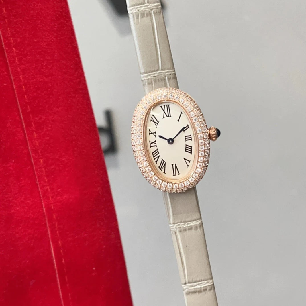 Brand Wrist Watches Woman Girl High Quality 23mm Diamond Oval Style Japanese Quartz Movement Leather Strap Clock CT80